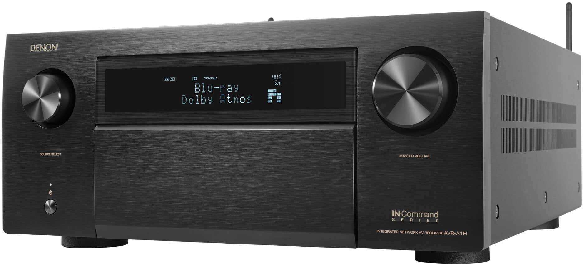 Front. Denon - AVR-A1H (150W X 15) 15.4-Ch. with HEOS and Dolby Atmos 8K Ultra HD HDF Compatible AV Home Theater Receiver with Alexa - Black.