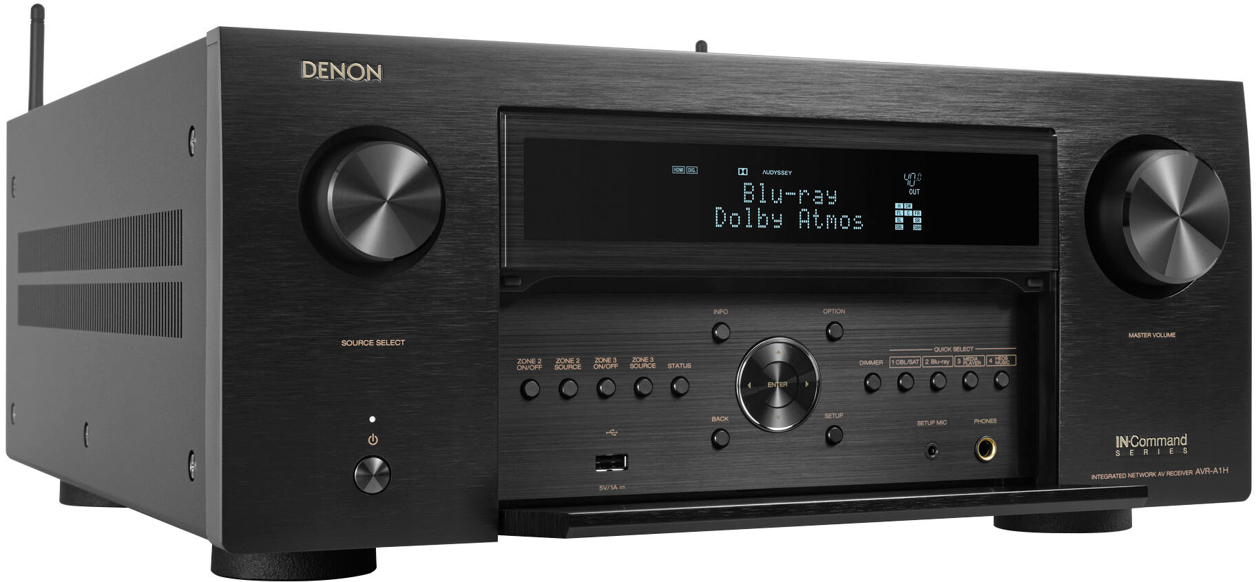 Left View: Denon - AVR-A1H (150W X 15) 15.4-Ch. with HEOS and Dolby Atmos 8K Ultra HD HDF Compatible AV Home Theater Receiver with Alexa - Black