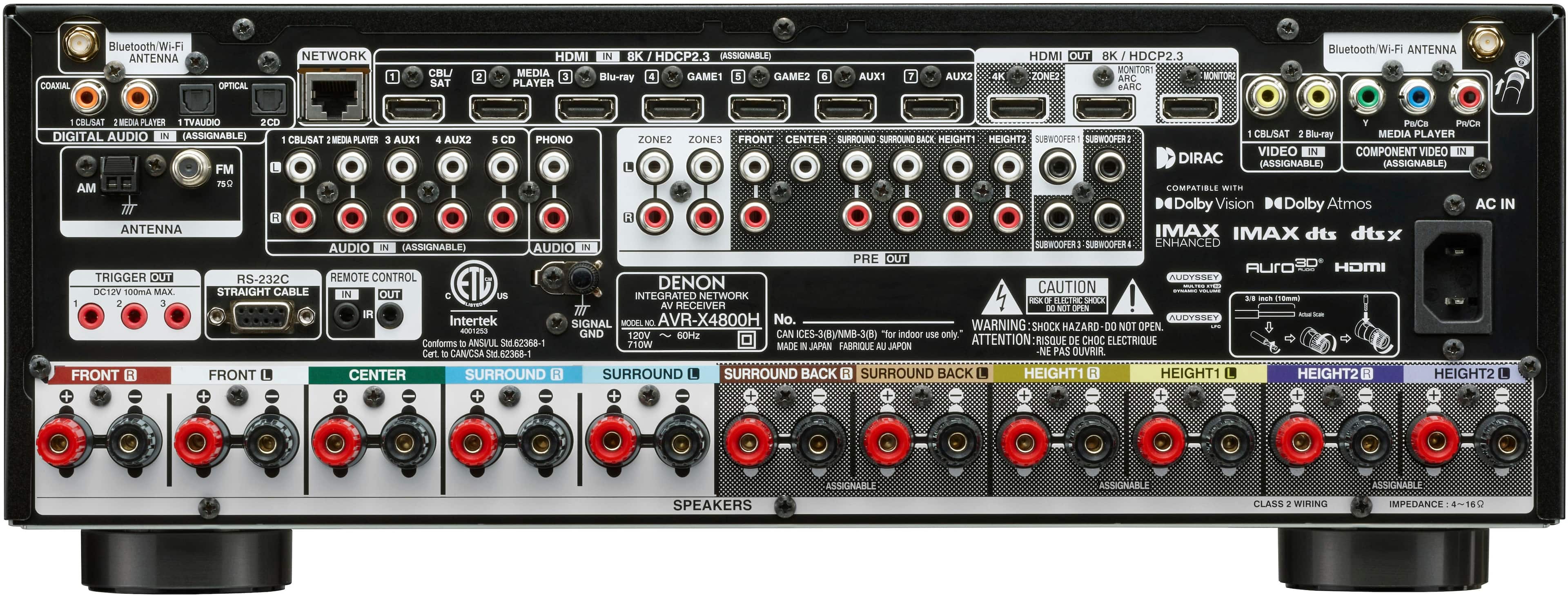 Back. Denon - AVR-X4800H (125W X 9) 9.4-Ch. with HEOS and Dolby Atmos 8K Ultra HD HDR Compatible AV Home Theater Receiver with Alexa - Black.