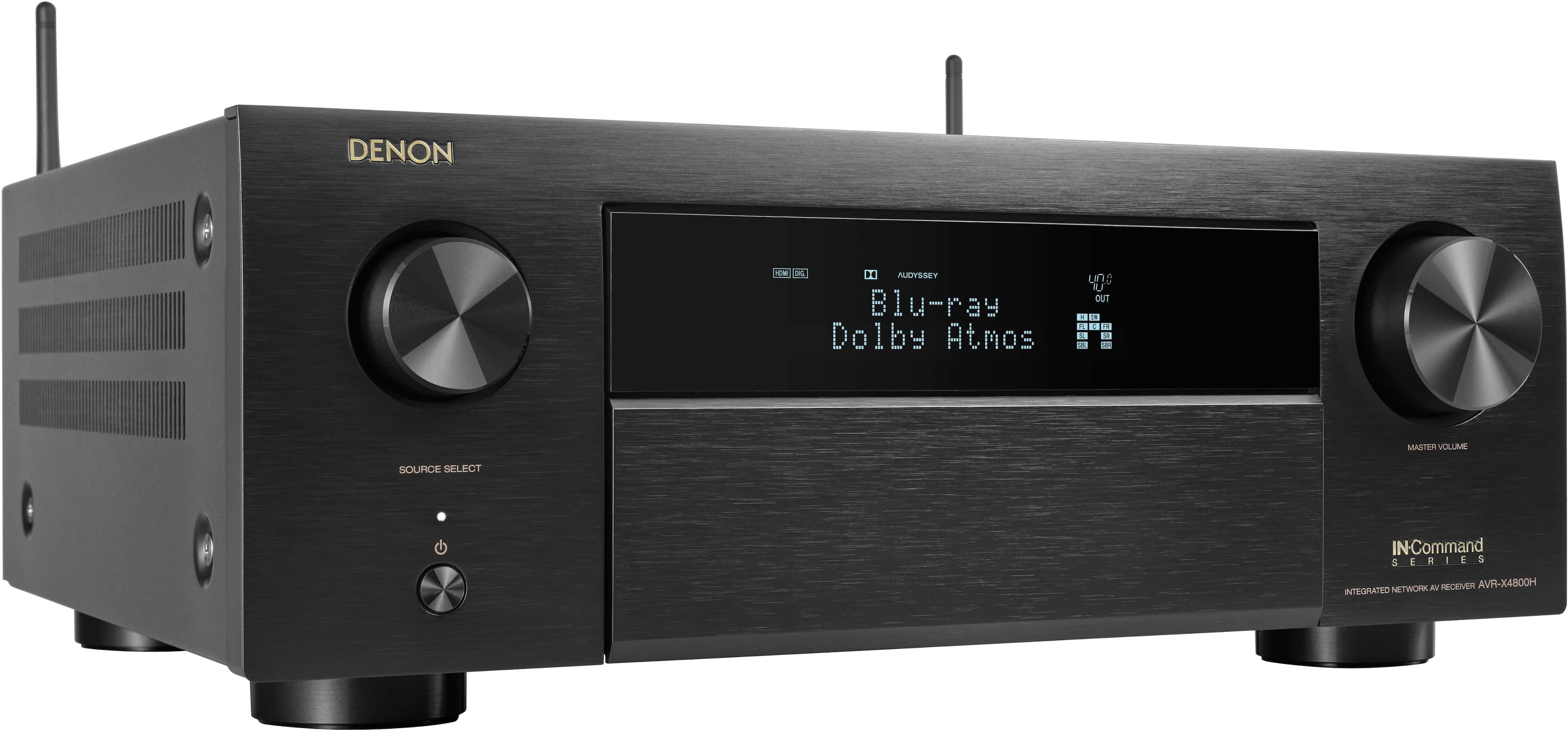 Left. Denon - AVR-X4800H (125W X 9) 9.4-Ch. with HEOS and Dolby Atmos 8K Ultra HD HDR Compatible AV Home Theater Receiver with Alexa - Black.