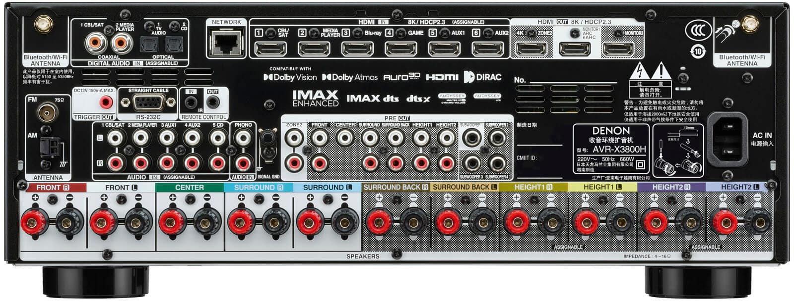 Back. Denon - AVR-X3800H (105W X 9) 9.4-Ch. with HEOS and Dolby Atmos 8K Ultra HD HDR Compatible AV Home Theater Receiver with Alexa - Black.