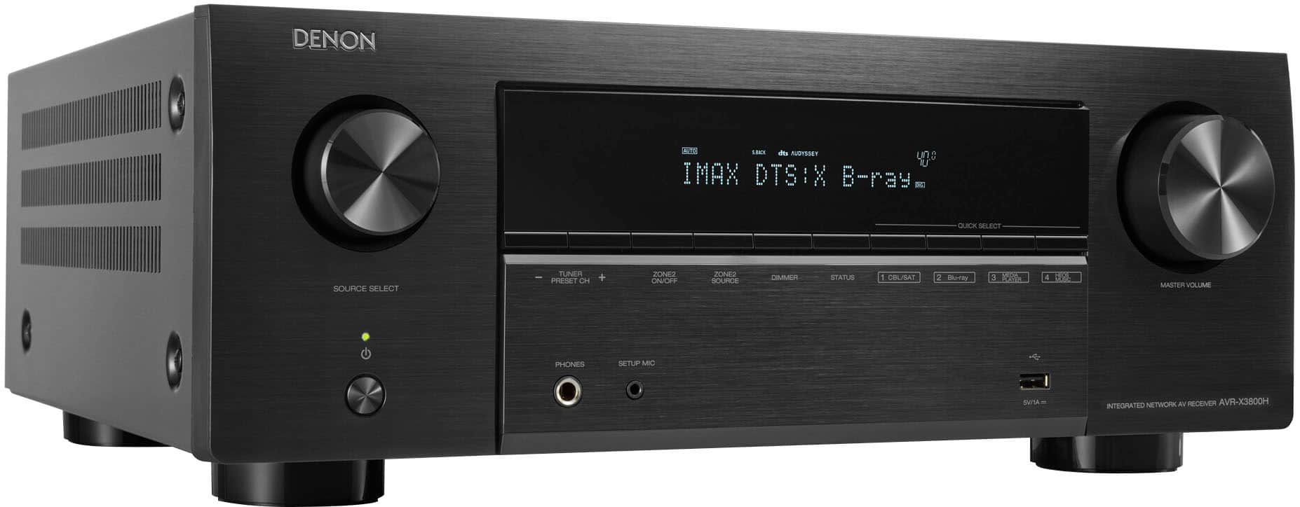 Left. Denon - AVR-X3800H (105W X 9) 9.4-Ch. with HEOS and Dolby Atmos 8K Ultra HD HDR Compatible AV Home Theater Receiver with Alexa - Black.
