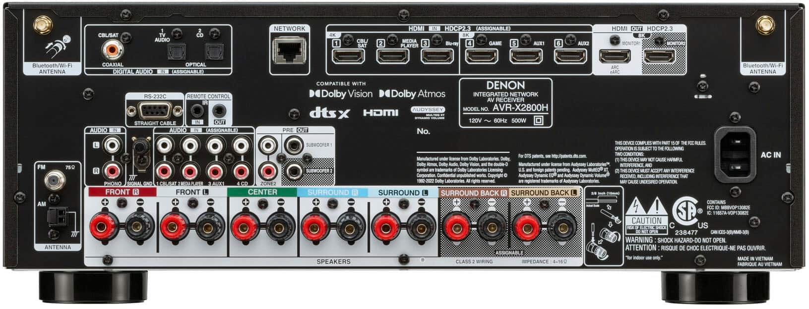 Back. Denon - AVR-X2800H (95W X 7) 7.2-Ch. with HEOS and Dolby Atmos 8K Ultra HD HDR Compatible AV Home Theater Receiver with Alexa - Black.