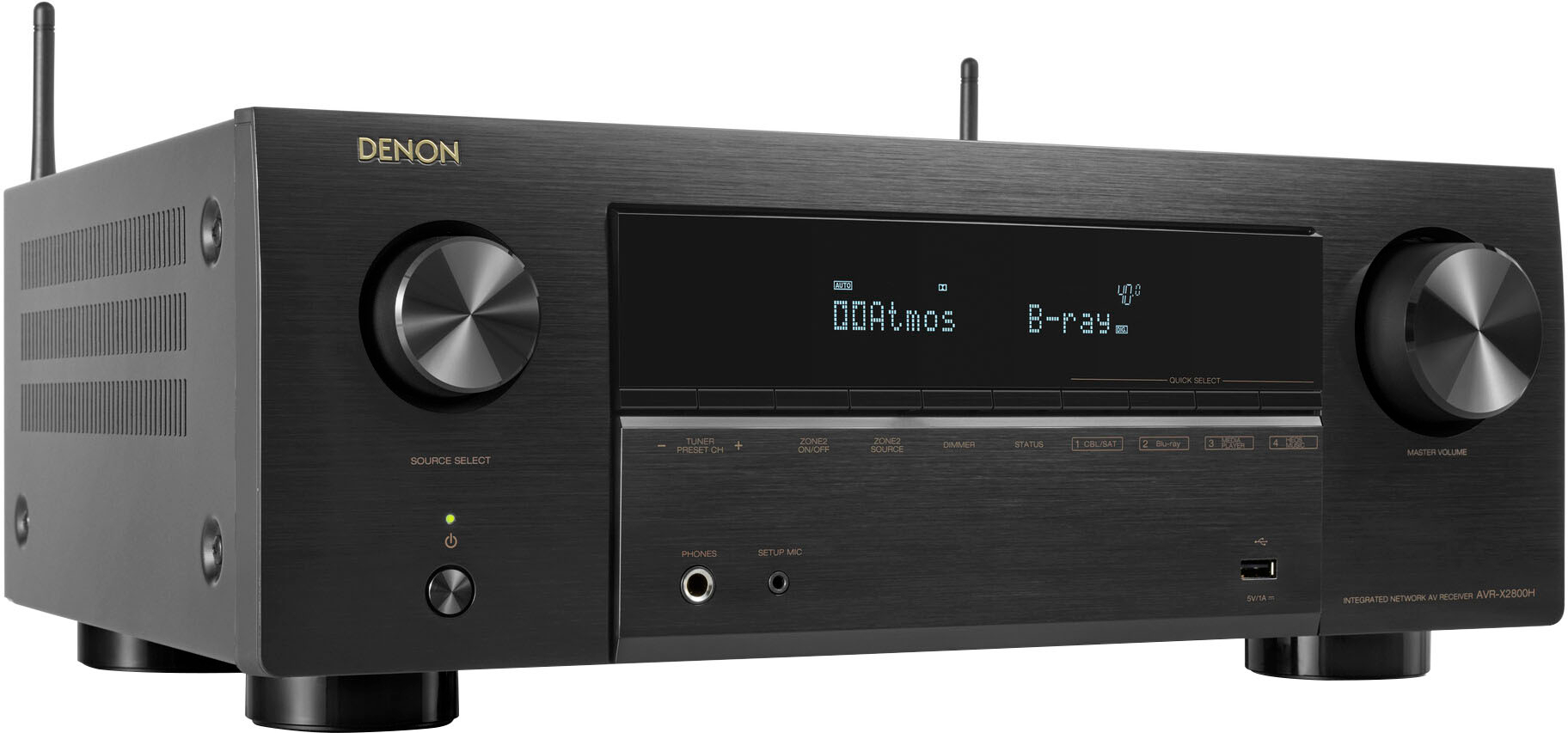 Left View: Denon - AVR-X2800H (95W X 7) 7.2-Ch. with HEOS and Dolby Atmos 8K Ultra HD HDR Compatible AV Home Theater Receiver with Alexa - Black