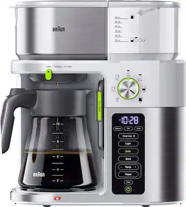 50oz 45oz 40oz 35oz 30oz 25oz Coffee Drip Stop - Hot Water 16 12 - 2 4 - 10 - Cup Shelf 8 I Light Gold 6 Bold BRAUN 10:28 Auto on Set Clock Over Ice * Temp Water Clean