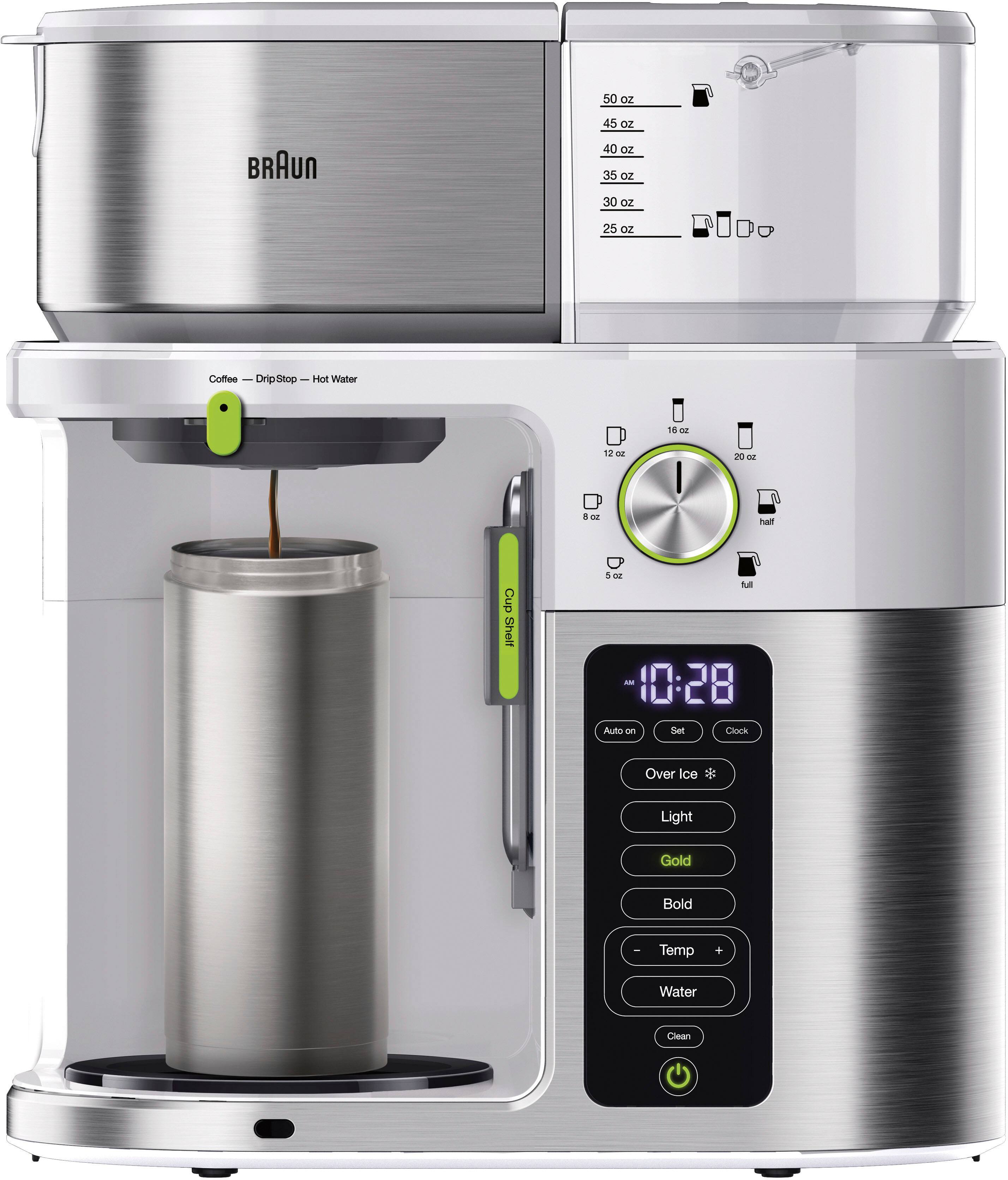 50oz 45 oz 40oz 35oz 30oz 25 oz Coffee Drip Stop Hot Water 16 - 12 20 8 1 - L 10:28 Auto on Set Clock Over Ice Light Gold Bold Temp Water Clean