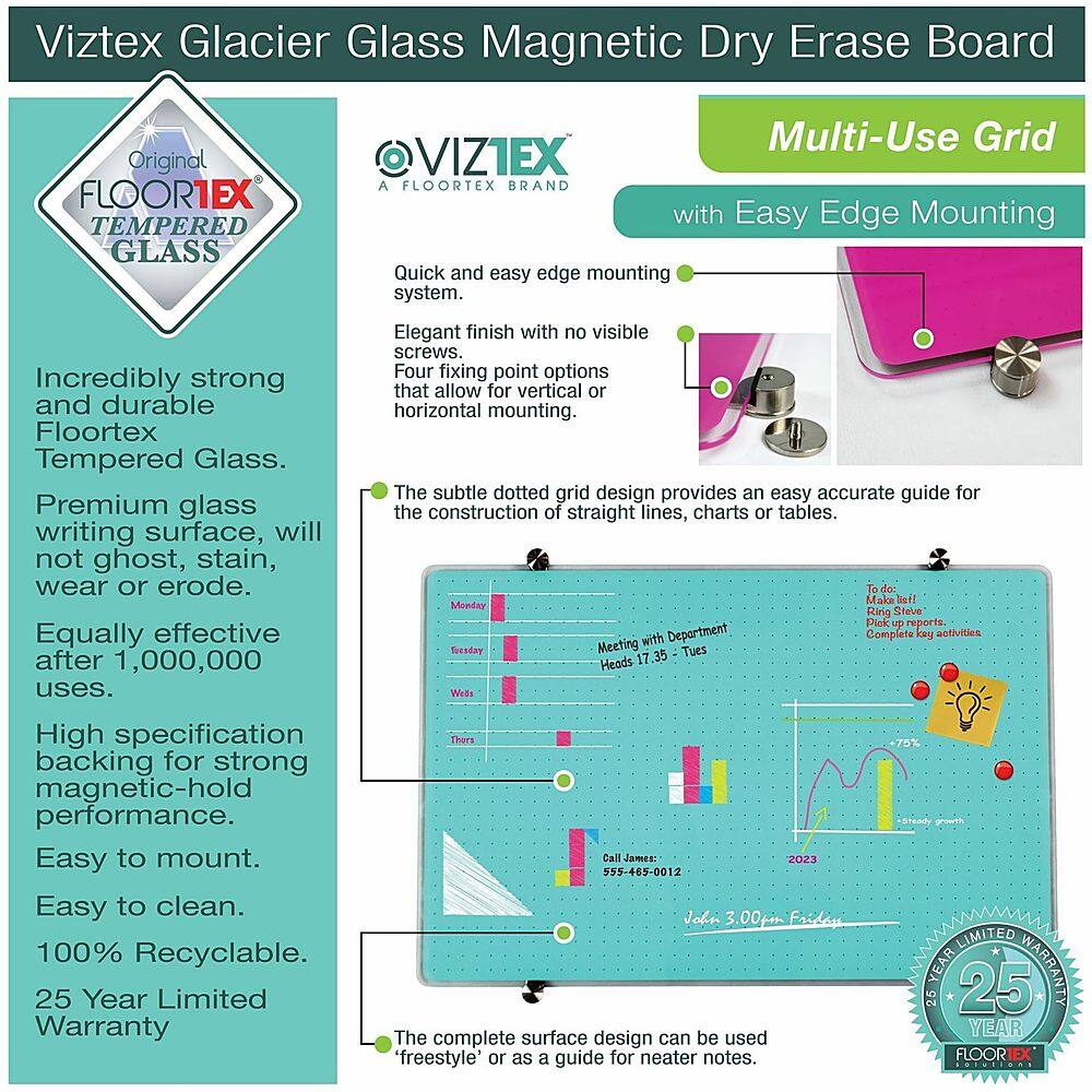 Floortex Viztex Glacier MultiPurpose Grid Glass Dry Erase Board 24" x