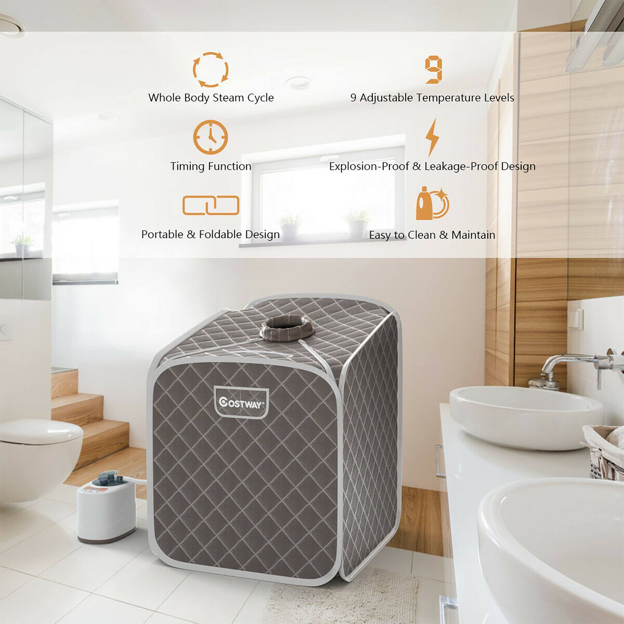 Whole Body Steam Cycle 9 Adjustable Temperature Levels H Timing Function Explosion-Proof & Leakage-Proof Design Portable & Foldable Design Easy to Clean & Maintain Costway