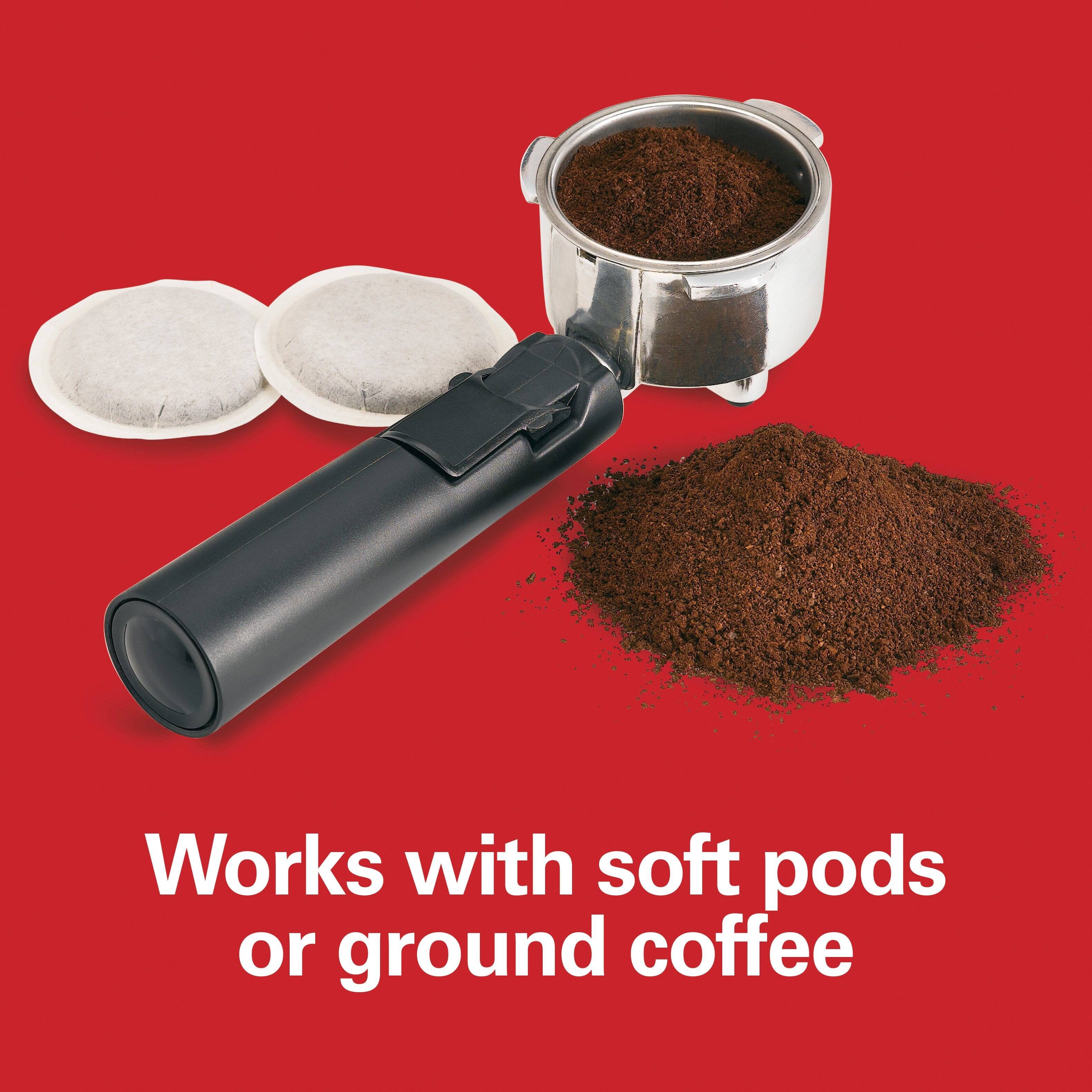 Works with soft pods or ground coffee