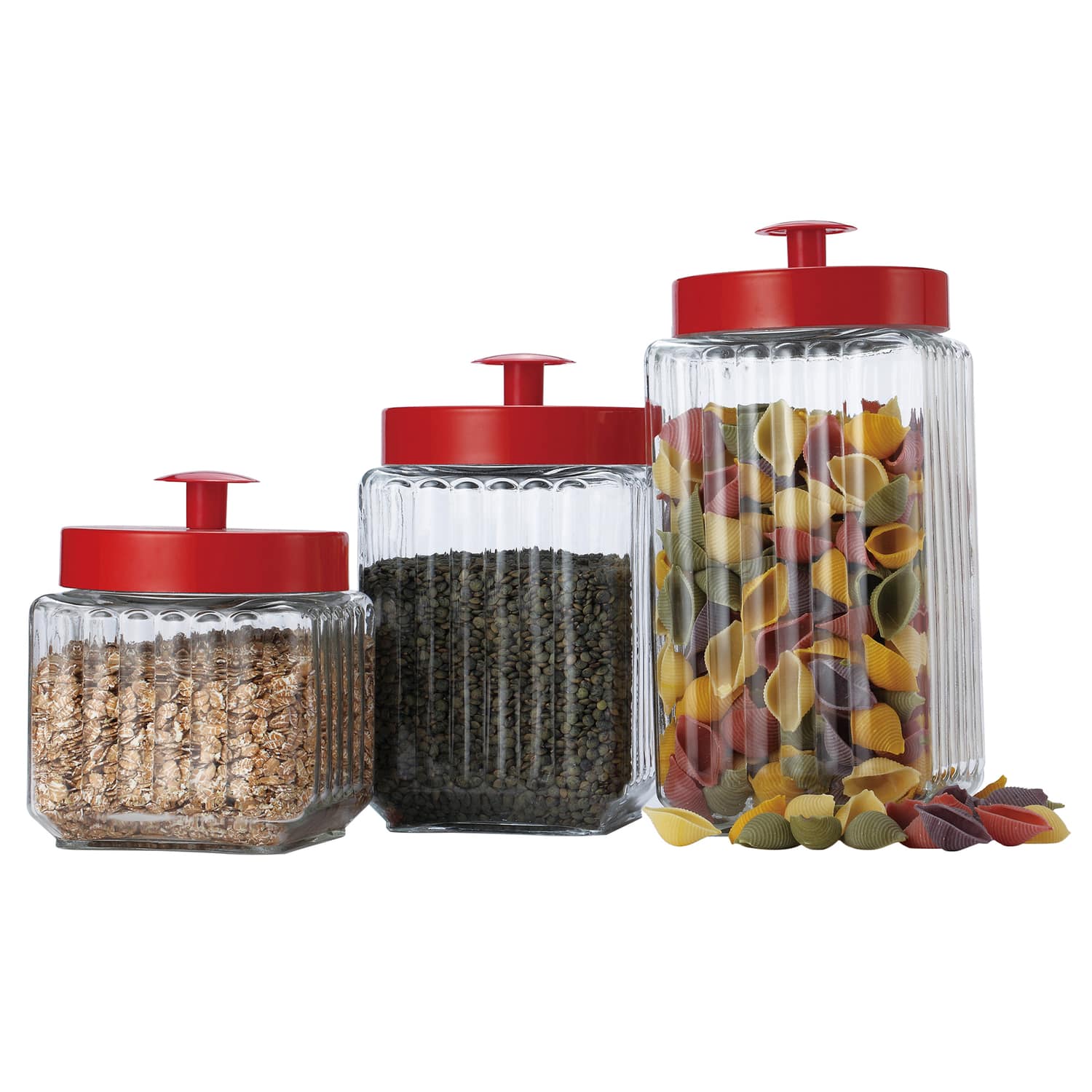 EuroHome - Glass Canister 3-Piece Set with Metal Lid - Clear/Red