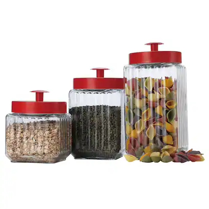 Front. EuroHome - Glass Canister 3-Piece Set with Metal Lid - Clear/Red.