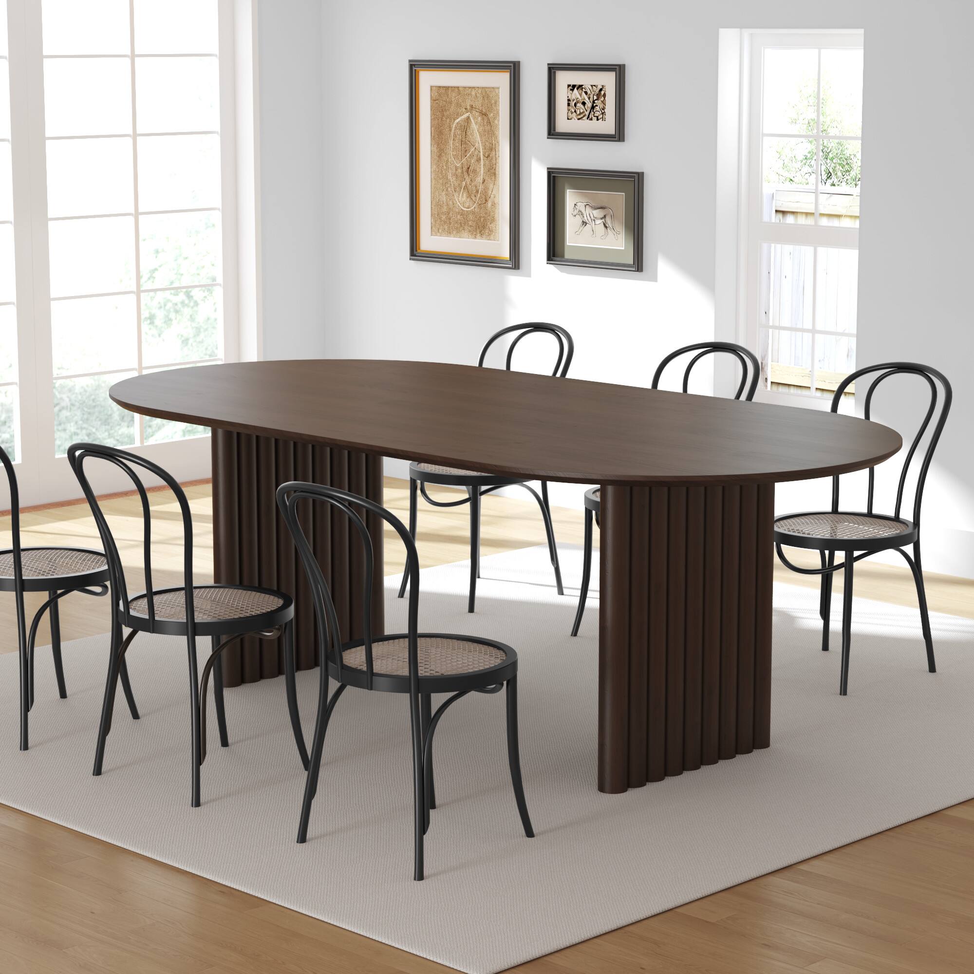 Angle. Lirago - 79" Solid Wood Oval Dining Table with Double Pedestal Large Kitchen Table Seats 6-8 or More for Dining Room - Walnut.