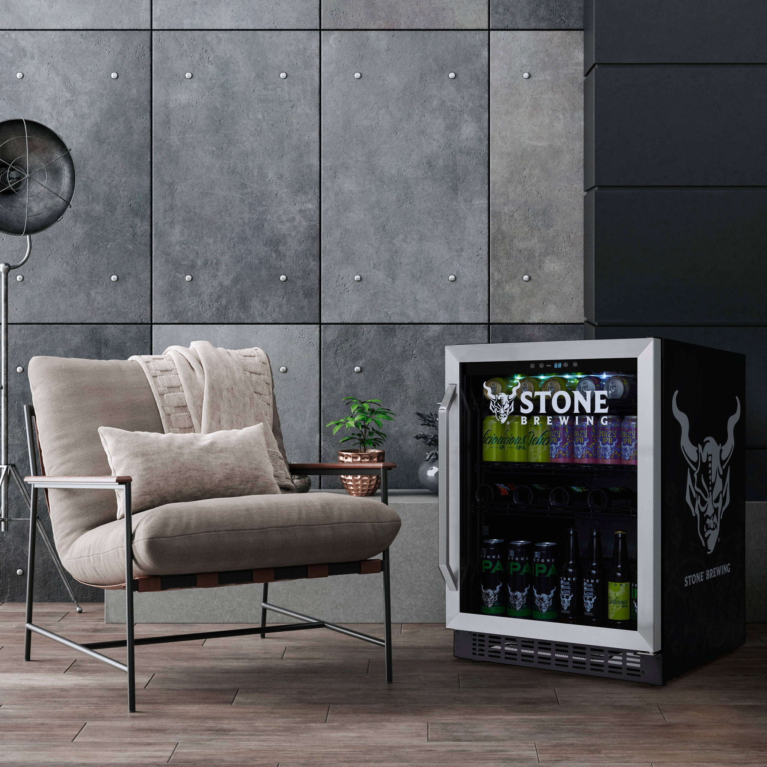 Left View: NewAir - Stone Brewing 54-Bottle or 162-Can Wine and Beverage Cooler with Reversible Shelves - Black