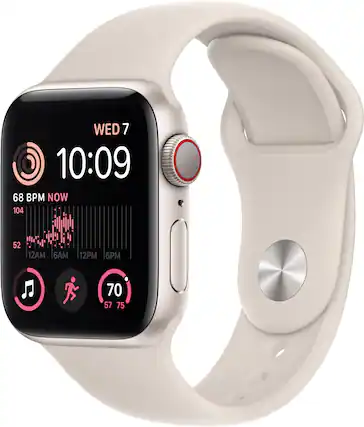 Front. Apple - Apple Watch SE 2nd Generation (GPS + Cellular) 40mm Aluminum Case with Starlight Sport Band - M/L - Starlight.