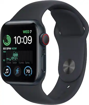 The image shows a watch displaying the time as 10:09. The watch is black and has a red button. The watch also shows the date, which is Wed 7. The watch is likely an Apple Watch, as it is described as a "smart watch" in the image.