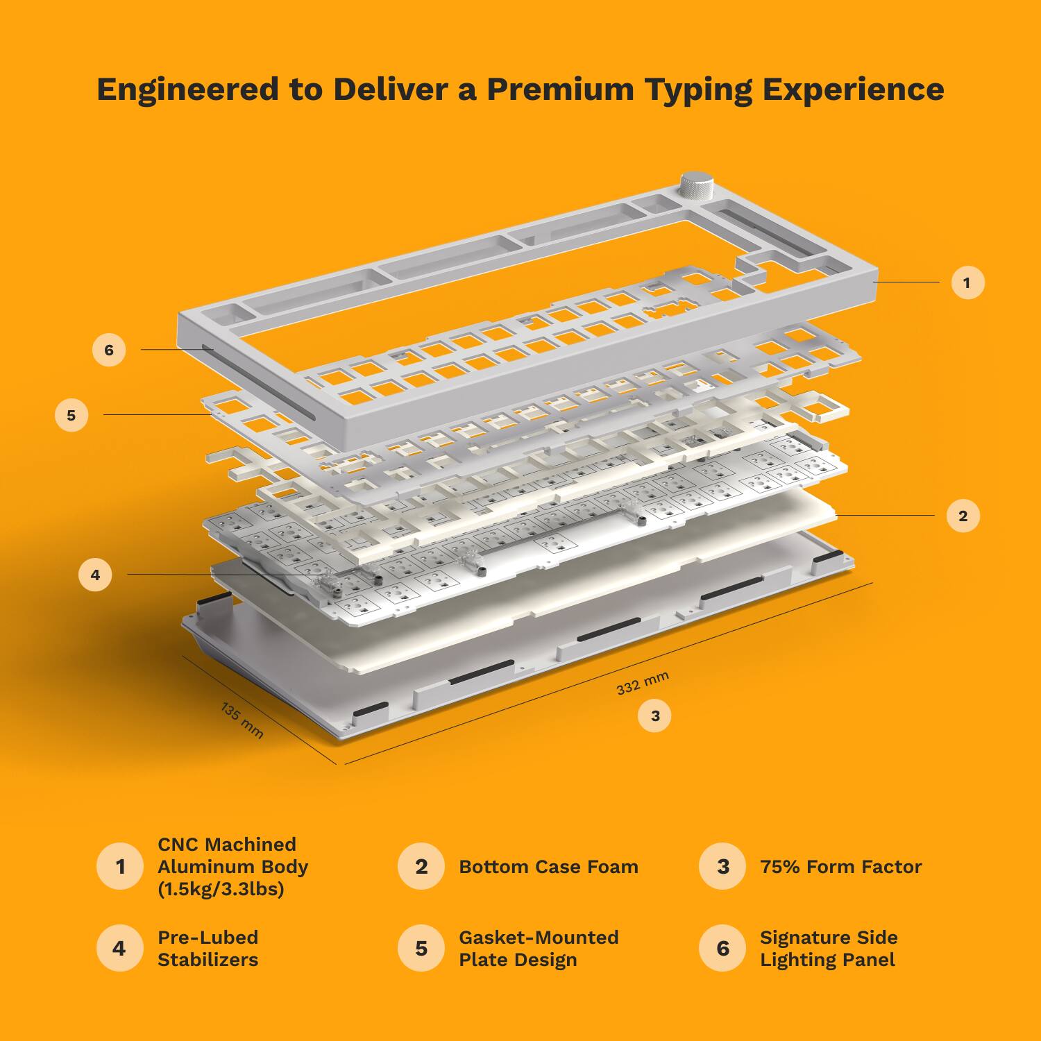 Engineered to Deliver a Premium Typing Experience

1. CNC Machined Aluminum Body (1.5kg/3.3lbs)
2. Bottom Case Foam
3. 75% Form Factor
4. Pre-Lubed Stabilizers
5. Gasket-Mounted Plate Design
6. Signature Side Lighting Panel