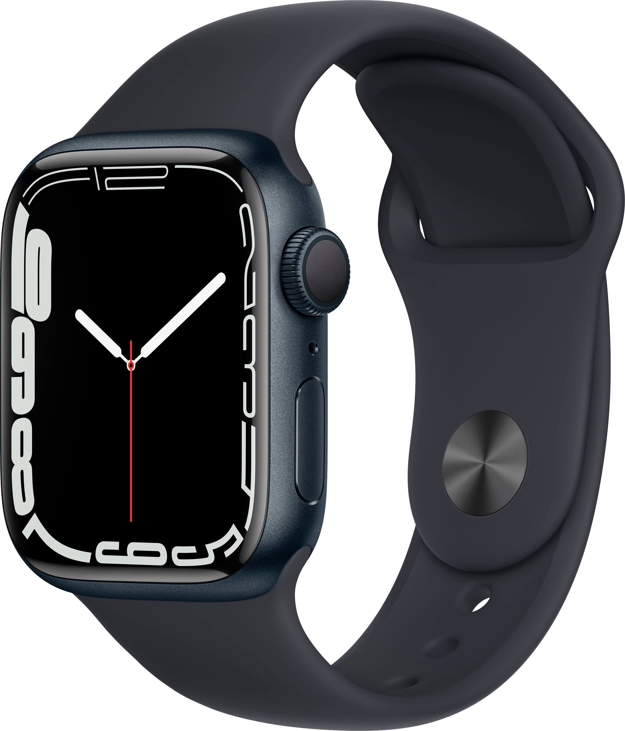 Front. Apple - Geek Squad Certified Refurbished Apple Watch Series 7 (GPS) 41mm Midnight Aluminum Case with Midnight Sport Band - Midnight.