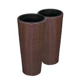 Patio Sense - Round Wicker Noah Planter 2-Piece Set - Mocha
