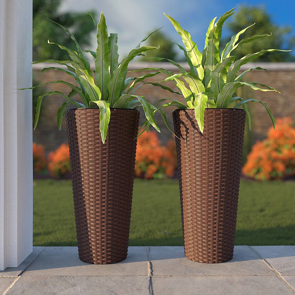 Alt View 12. Patio Sense - Round Wicker Noah Planter 2-Piece Set - Mocha.