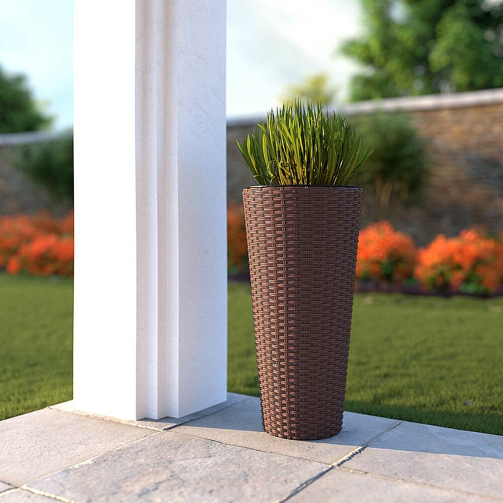 Alt View 14. Patio Sense - Round Wicker Noah Planter 2-Piece Set - Mocha.