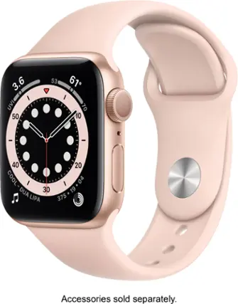 Front. Apple - Geek Squad Certified Refurbished Apple Watch Series 6 (GPS) 40mm Gold Aluminum Case with Pink Sand Sport Band - Gold.