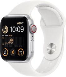 Apple Watch SE 2nd Generation (GPS + Cellular) 40mm Aluminum Case with White Sport Band - S/M - Silver - Front_Zoom