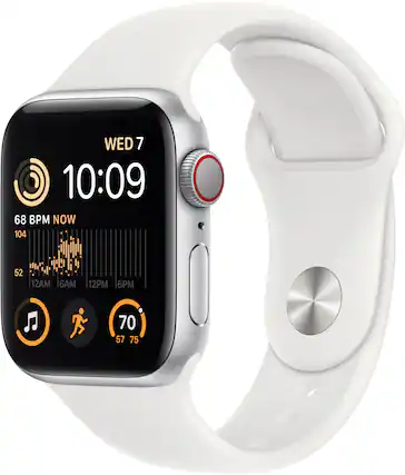 Front. Apple - Apple Watch SE 2nd Generation (GPS + Cellular) 40mm Aluminum Case with White Sport Band - M/L - Silver.