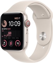 Apple Watch SE 2nd Generation (GPS + Cellular) 44mm Aluminum Case with Starlight Sport Band - S/M - Starlight - Front_Zoom