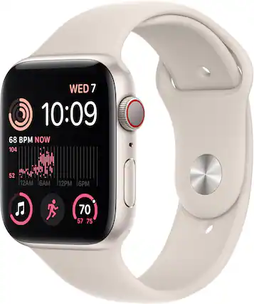 Front. Apple - Apple Watch SE 2nd Generation (GPS + Cellular) 44mm Aluminum Case with Starlight Sport Band - S/M - Starlight.