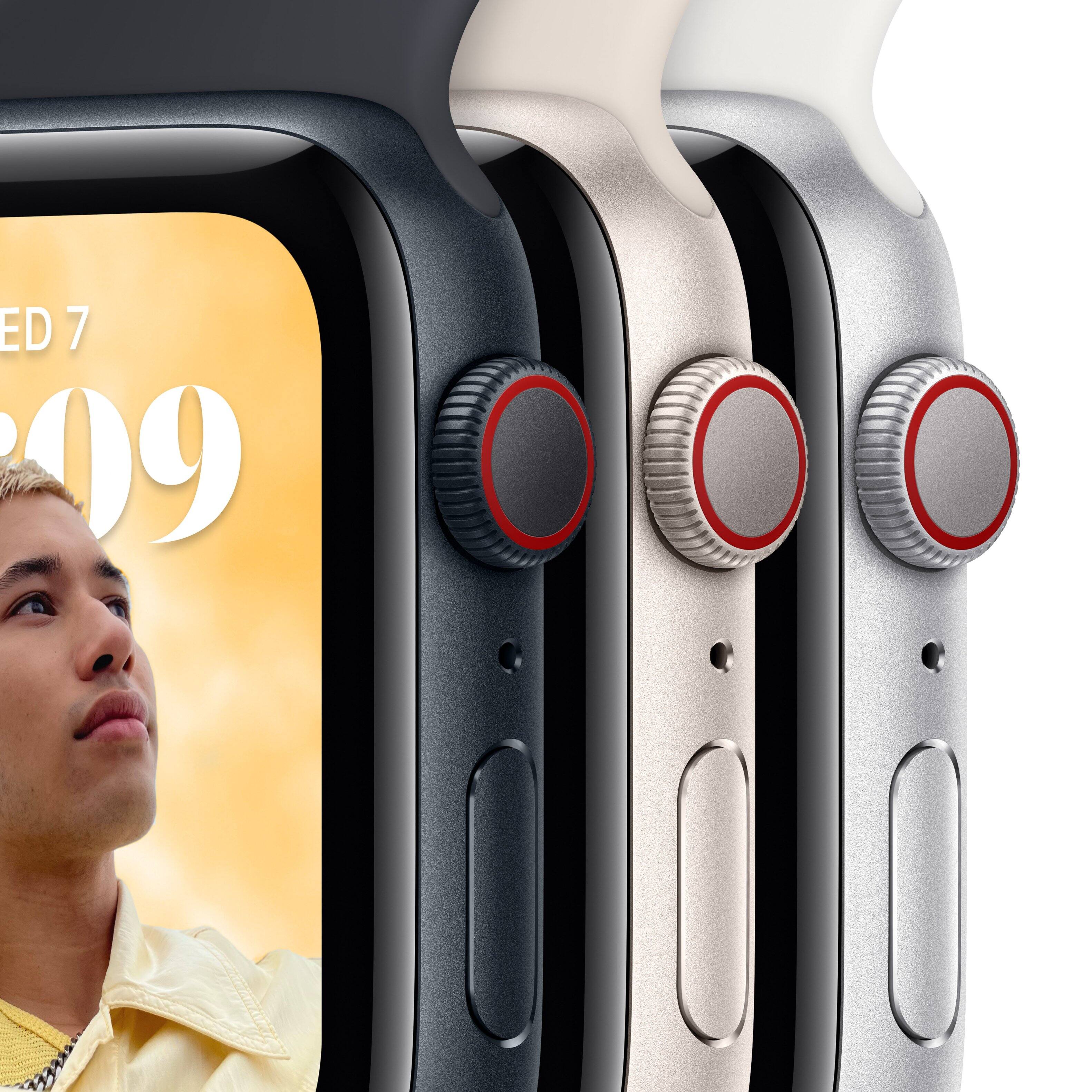 Left. Apple - Apple Watch SE 2nd Generation (GPS + Cellular) 44mm Aluminum Case with Starlight Sport Band - S/M - Starlight.
