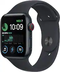 Front. Apple - Apple Watch SE 2nd Generation (GPS + Cellular) 44mm Aluminum Case with Midnight Sport Band - M/L - Midnight.