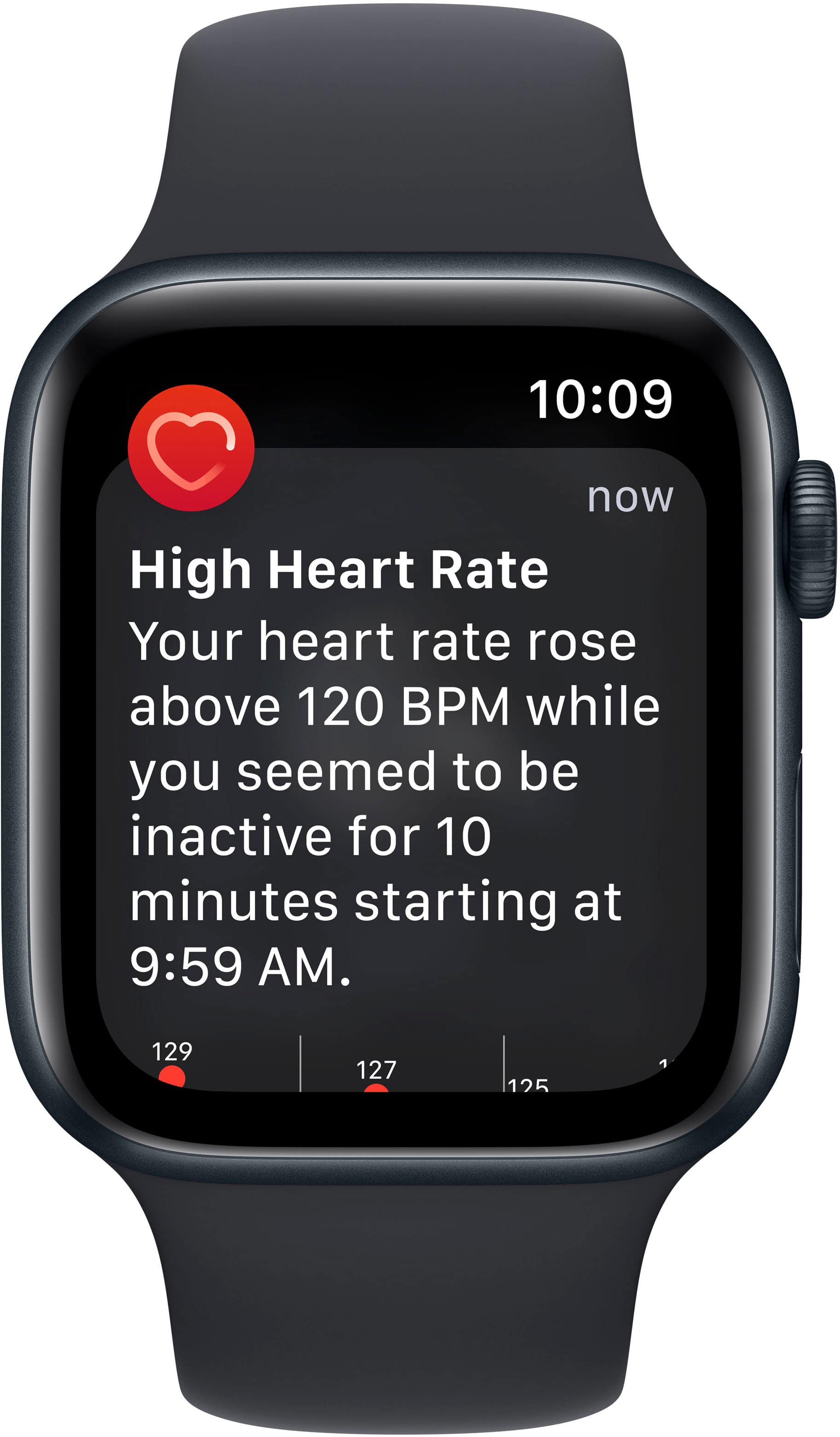 The text on the image reads: "10:09 now High Heart Rate Your heart rate rose above 120 BPM while you seemed to be inactive for 10 minutes starting at 9:59 AM. 129 127 125."