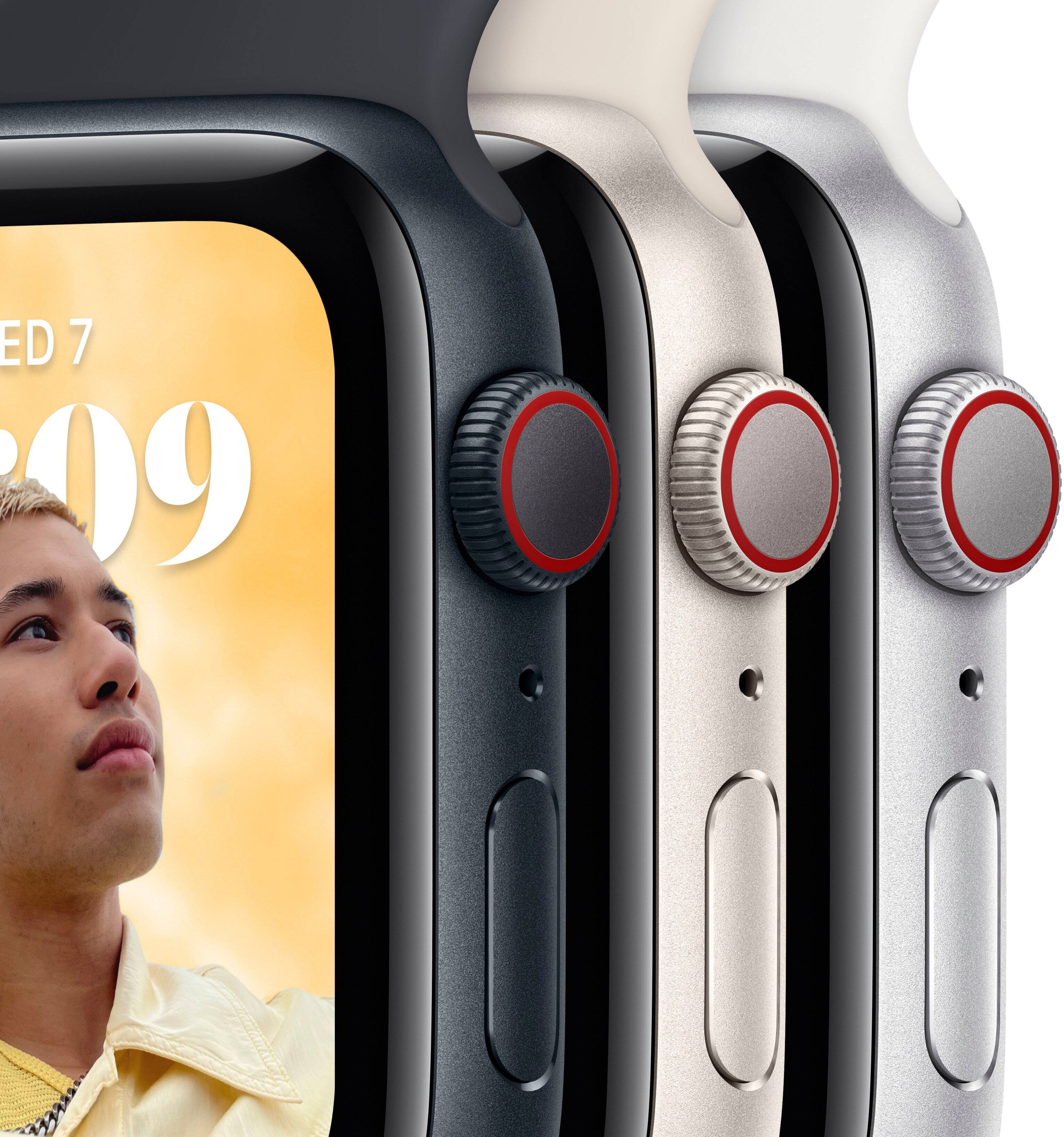 Left. Apple - Watch SE 2nd Generation (GPS + Cellular) 44mm Aluminum Case with White Sport Band - M/L - Silver.