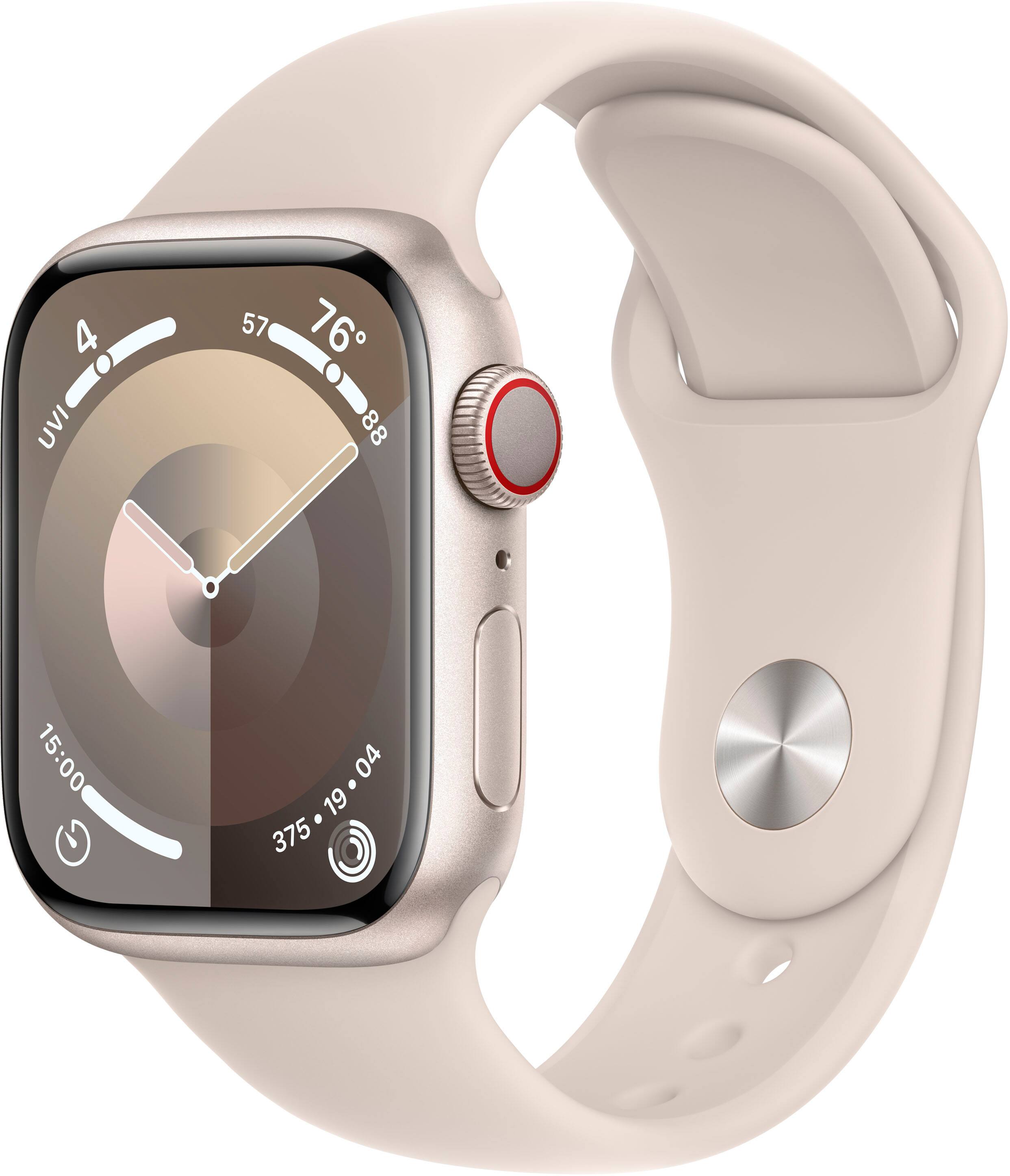 Front. Apple - Apple Watch Series 9 (GPS + Cellular) 41mm Starlight Aluminum Case with Starlight Sport Band with Blood Oxygen - M/L - Starlight.