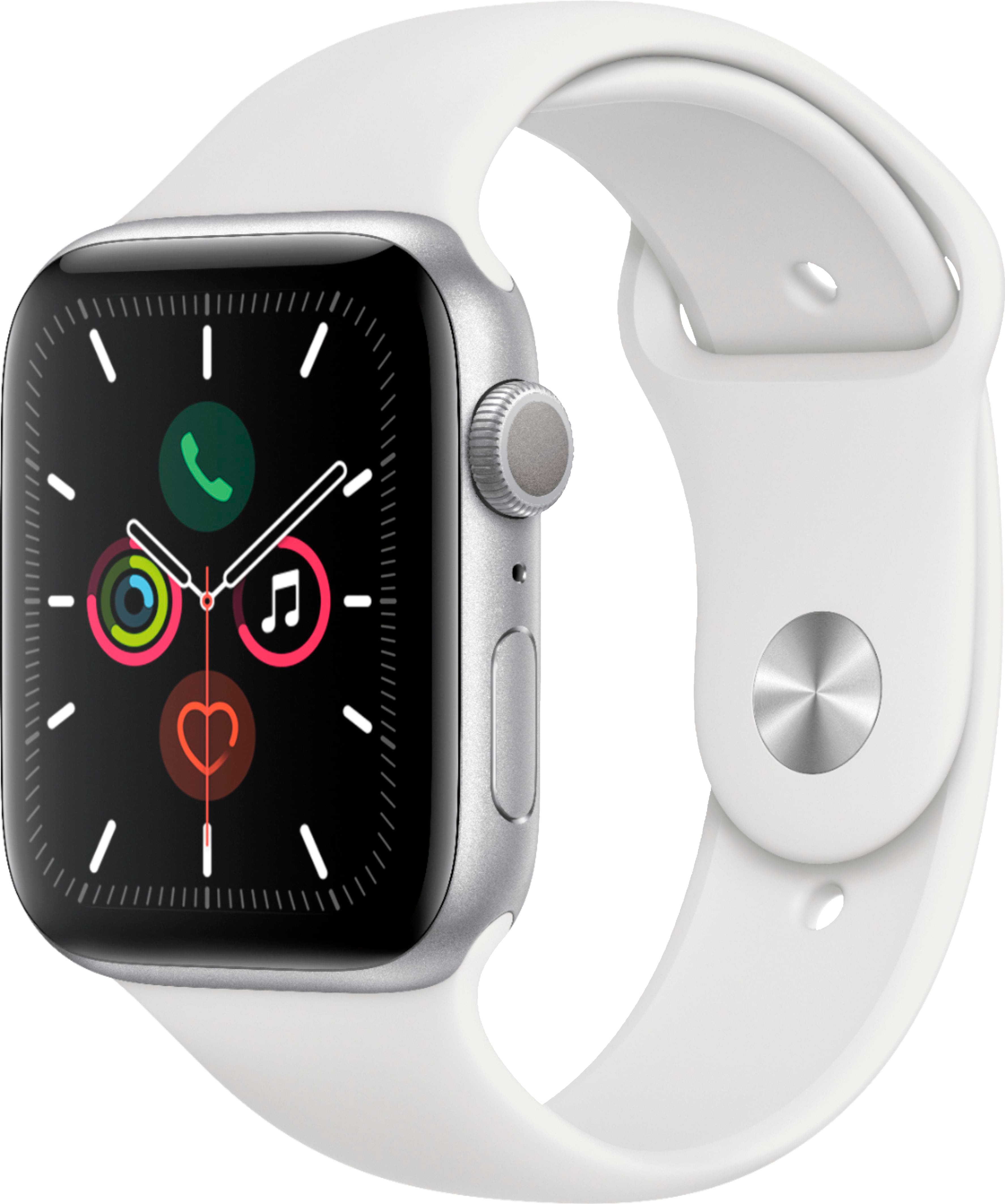 Front. Apple - Geek Squad Certified Refurbished Apple Watch Series 5 (GPS) 44mm Aluminum Case with White Sport Band.