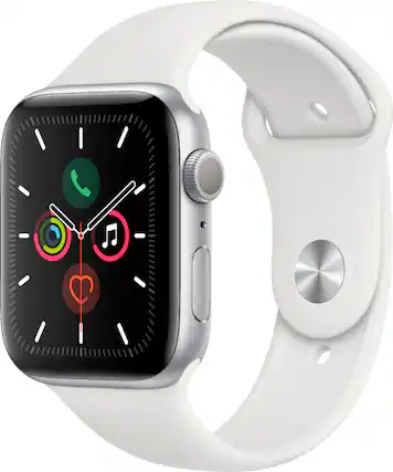 Front. Apple - Geek Squad Certified Refurbished Apple Watch Series 5 (GPS) 44mm Aluminum Case with White Sport Band.