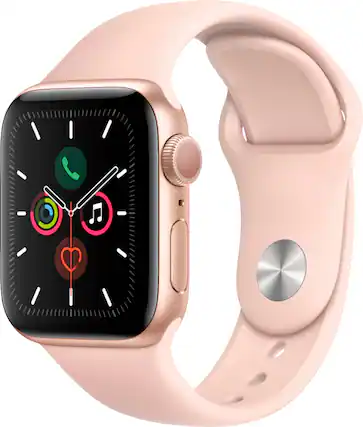 Front. Apple - Geek Squad Certified Refurbished Apple Watch Series 5 (GPS) 40mm Gold Aluminum Case with Pink Sand Sport Band - Gold Aluminum.