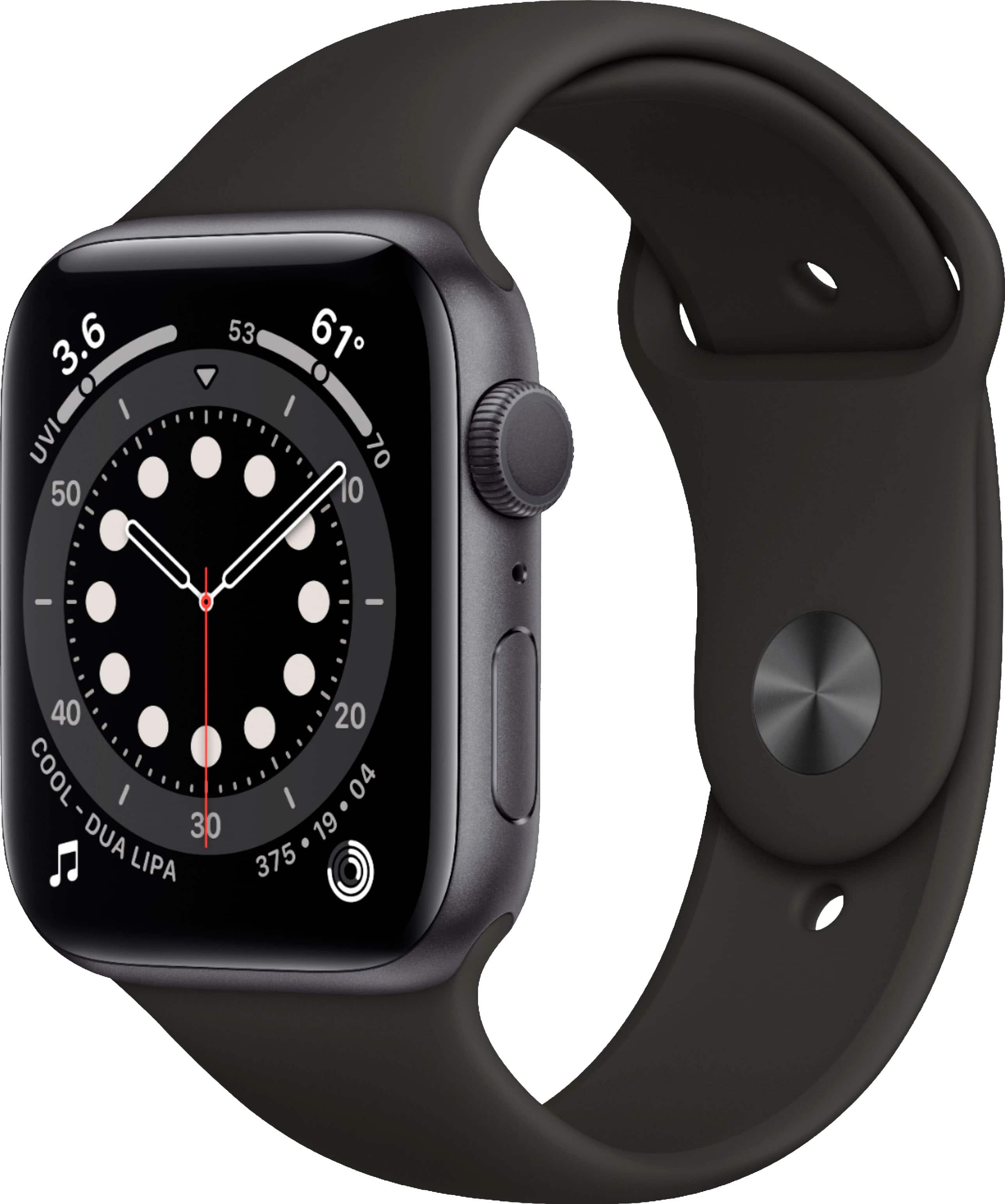 Apple Geek Squad Certified Refurbished Watch Series 6 (GPS) 44mm Aluminum Casewith Black Sport Band - Space Gray - (2020) - Front_Zoom
