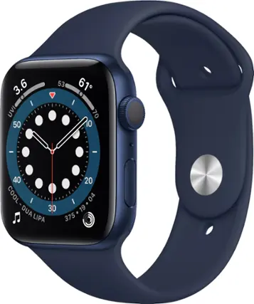 Front. Apple - Geek Squad Certified Refurbished Apple Watch Series 6 (GPS) 44mm Aluminum Case with Deep Navy Sport Band - Blue.