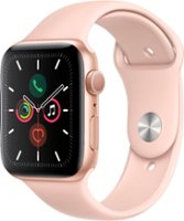 Geek Squad Certified Refurbished Apple Watch Series 5 (GPS) 44mm Gold Aluminum Case with Pink Sand Sport Band - Rose Gold - Front_Zoom