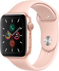 Geek Squad Certified Refurbished Apple Watch Series 5 (GPS) 44mm Gold Aluminum Case with Pink Sand Sport Band - Gold Aluminum - Front_Zoom