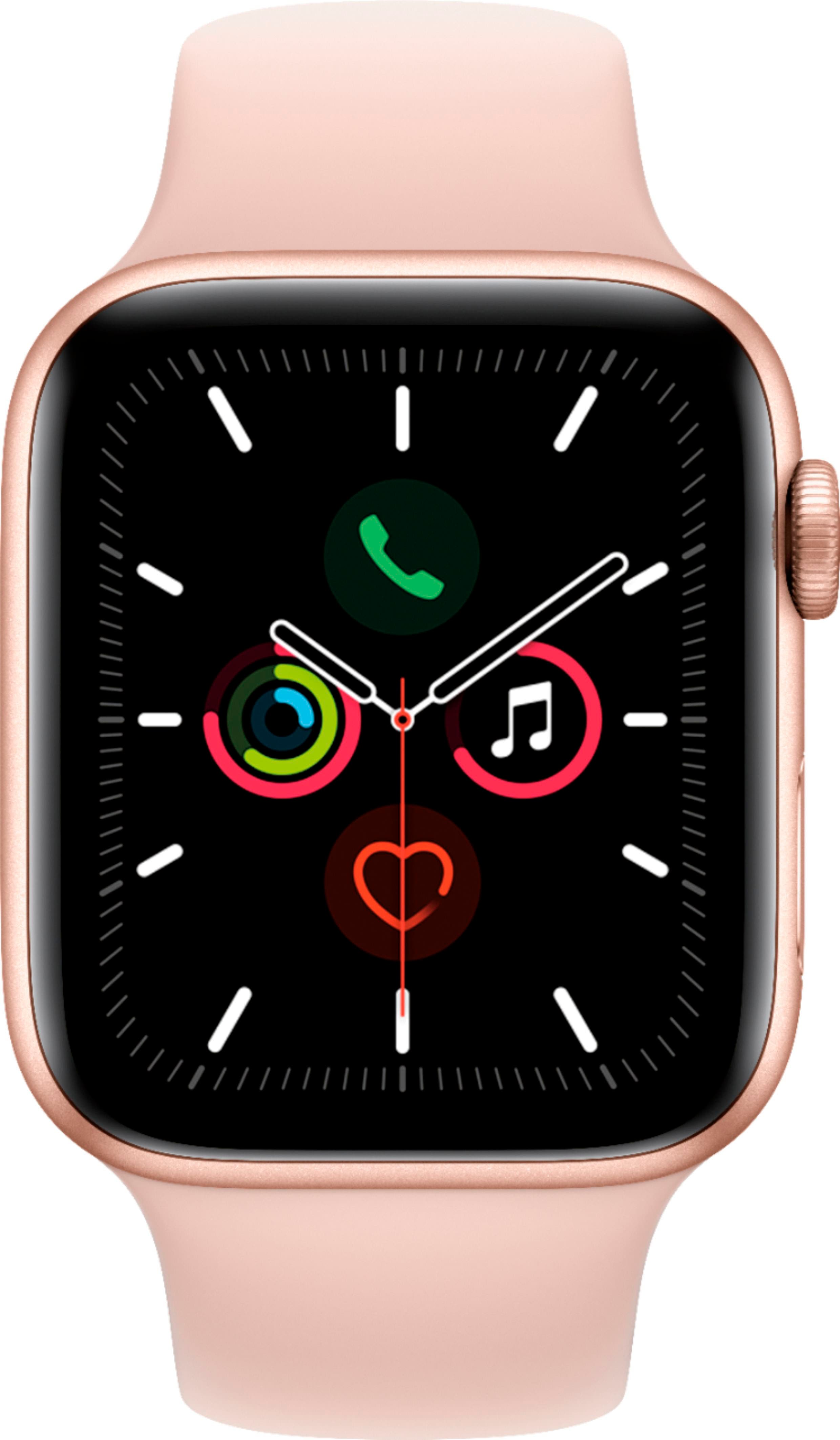 Alt View 11. Apple - Geek Squad Certified Refurbished Apple Watch Series 5 (GPS) 44mm Gold Aluminum Case with Pink Sand Sport Band - Rose Gold.