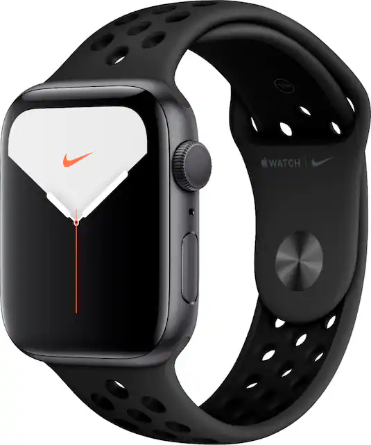 Geek Squad Certifid Refurbished Apple Watch Nike Series 5 GPS 44mm Aluminum Case with Anthracite Black Nike Sport Band Space Gray TI GSRF MX3W2LL A Best Buy