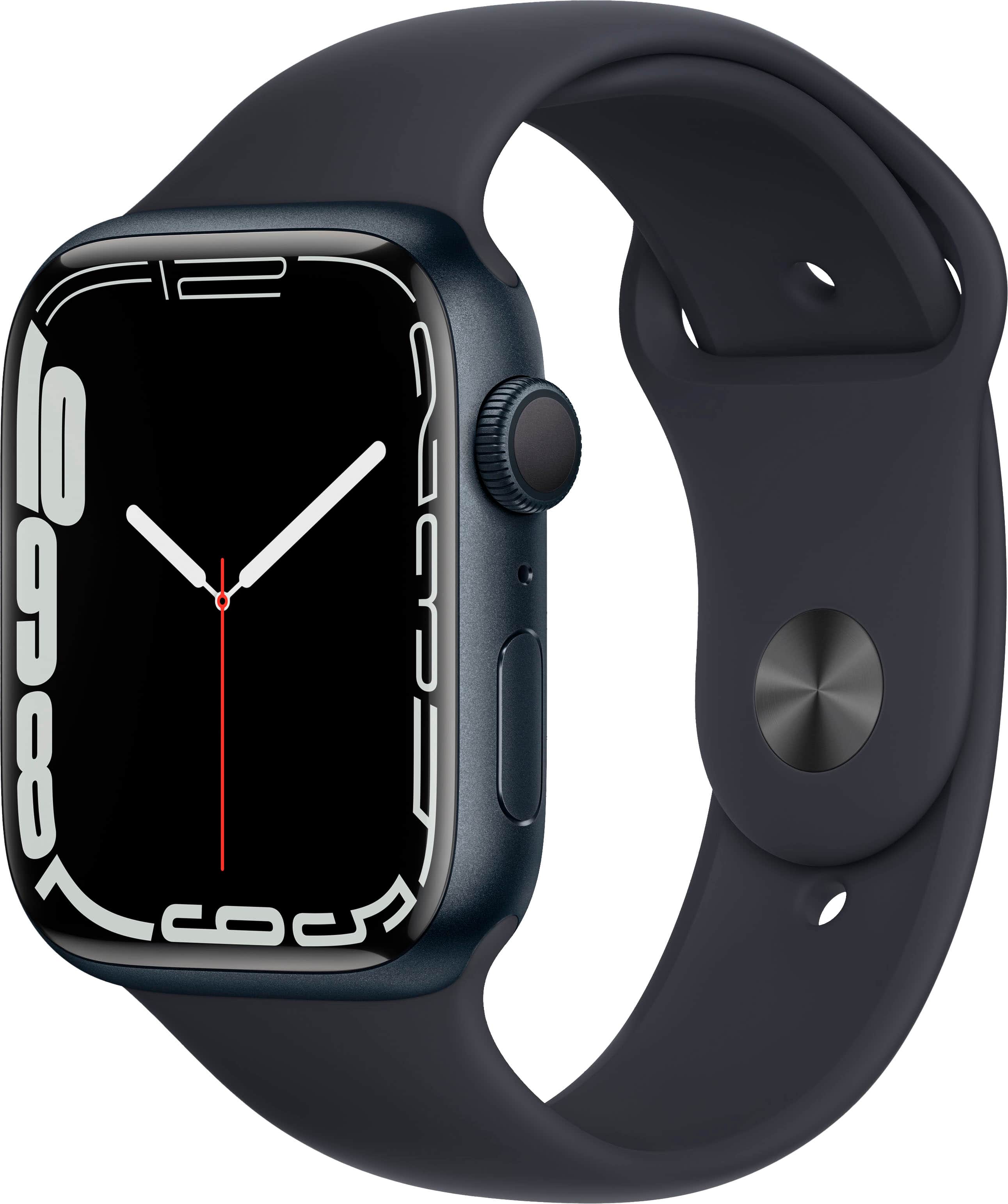 Front. Apple - Geek Squad Certified Refurbished Apple Watch Series 7 (GPS) 45mm Midnight Aluminum Case with Midnight Sport Band - Midnight.