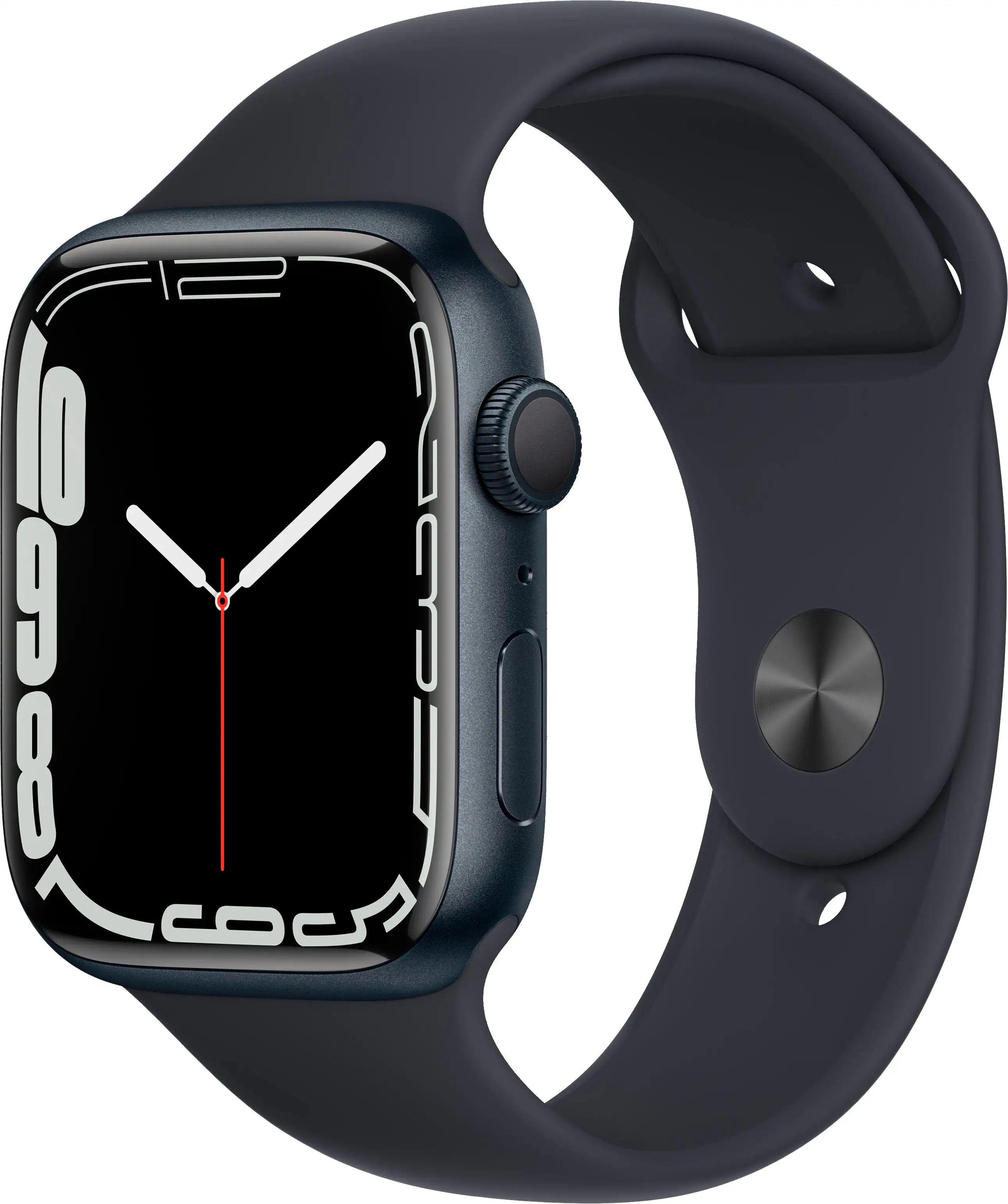 Front. Apple - Geek Squad Certified Refurbished Apple Watch Series 7 (GPS) 45mm Midnight Aluminum Case with Midnight Sport Band - Midnight.