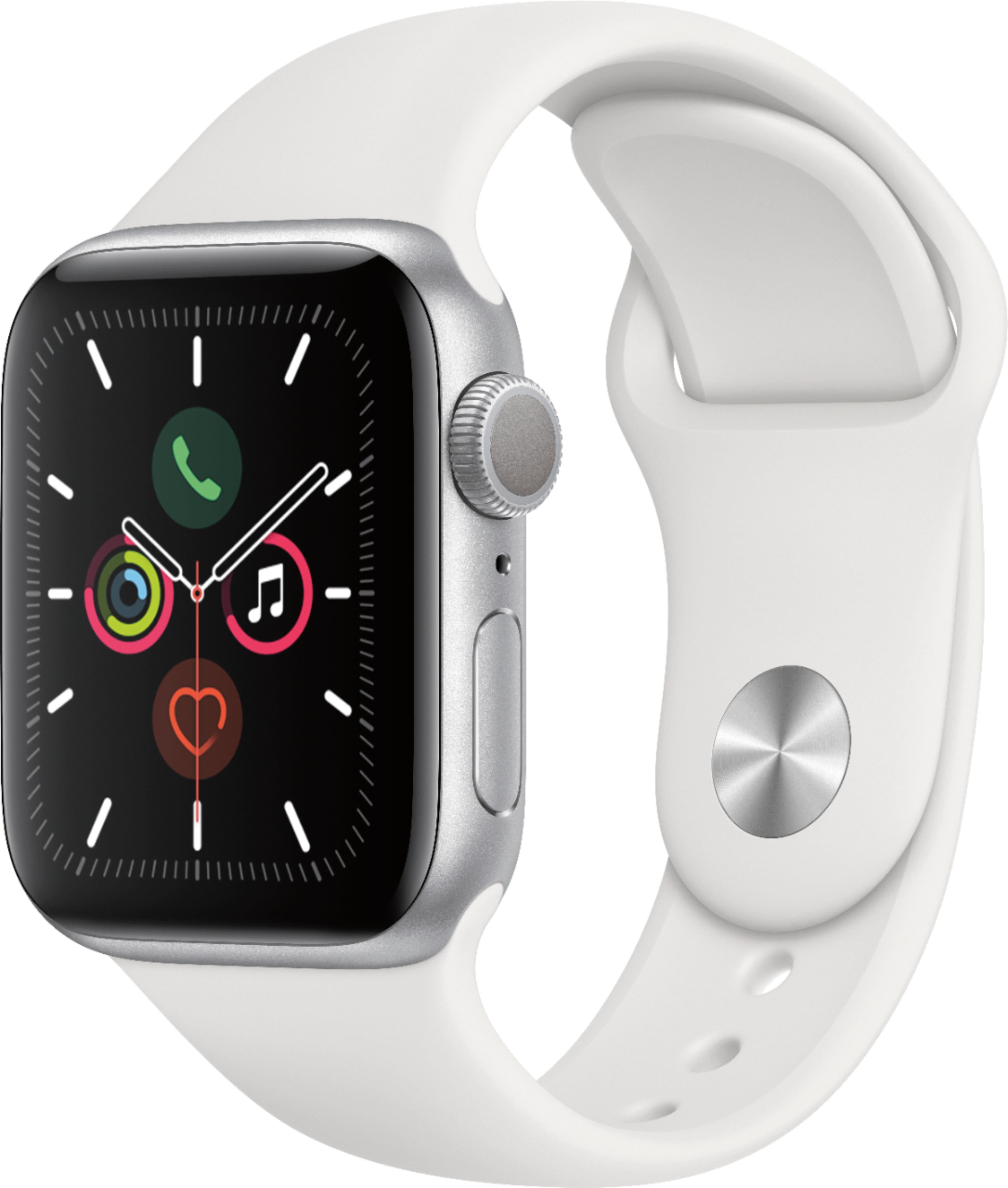 Front. Apple - Geek Squad Certified Refurbished Apple Watch Series 5 (GPS) 40mm Aluminum Case with White Sport Band - Silver Aluminum.