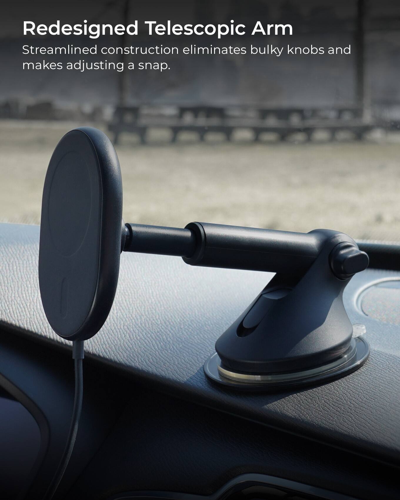 Redesigned Telescopic Arm: Streamlined construction eliminates bulky knobs and makes adjusting a snap.