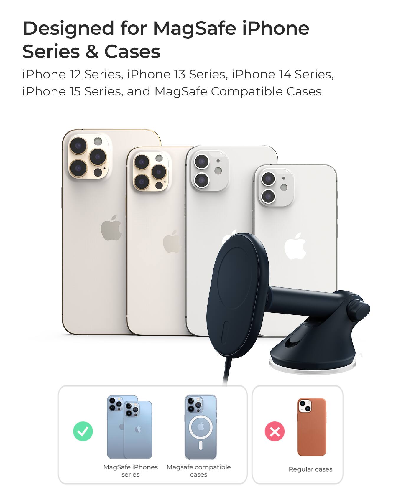 Designed for MagSafe iPhone Series & Cases - iPhone 12 Series, iPhone 13 Series, iPhone 14 Series, iPhone 15 Series, and MagSafe Compatible Cases.