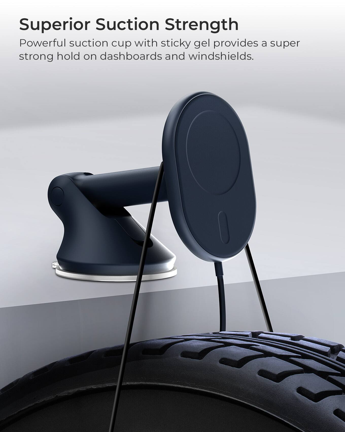 The image features a powerful suction cup with sticky gel attached to a tire, providing a strong hold on dashboards and windshields. The suction cup is designed to provide superior suction strength, making it ideal for various applications.