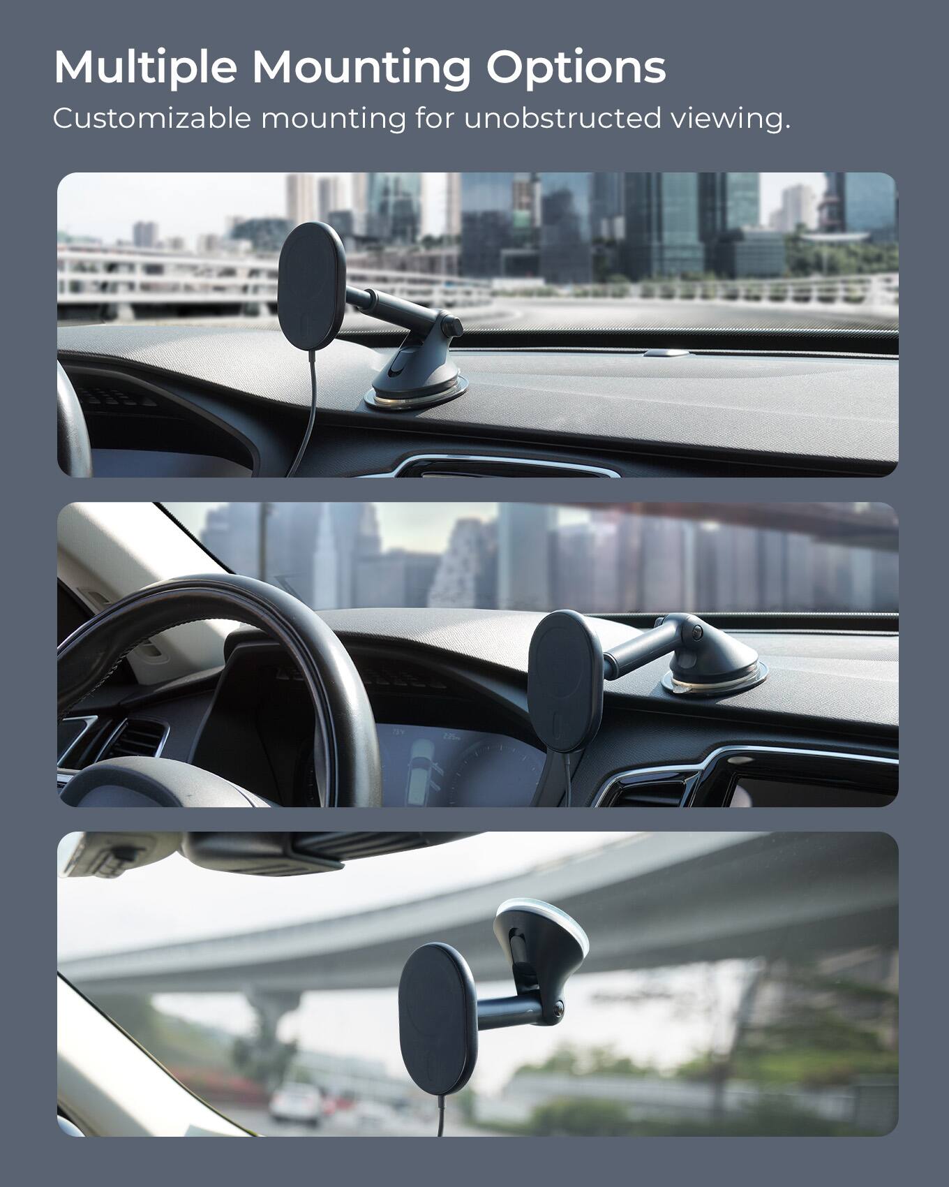 The image showcases a car with a customizable mounting system for unobstructed viewing. The car has a dashboard camera mounted on the dashboard, and there are multiple mounting options available to suit different preferences and requirements. This allows the driver to have a clear and unobstructed view of the road ahead, ensuring safe and efficient driving.